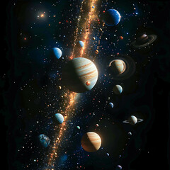 Exploration of the solar system featuring celestial bodies in vibrant space with stars and a galactic core visible in the background © Грицак Євген