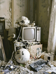 Abandoned room filled with vintage technology and nature's reclaiming touch, showcasing a nostalgic mix of retro electronics and wild plants