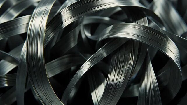 Close up of shiny metal wires intertwined, showcasing their smooth texture and intricate patterns, creating abstract industrial aesthetic with visually striking metallic design.