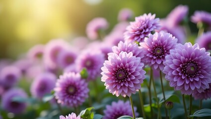 Fototapeta premium Blooming Purple Dahlia Cluster – Natural Light and Green Bokeh