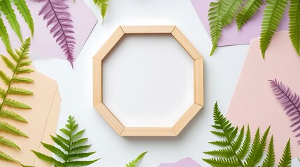 Octagonal wooden frame surrounded by pastel colored paper and fern leaves.