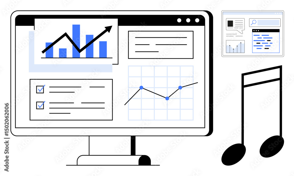 Poster monitor interface with graphs, charts, and reports alongside music notes representing analytics and 