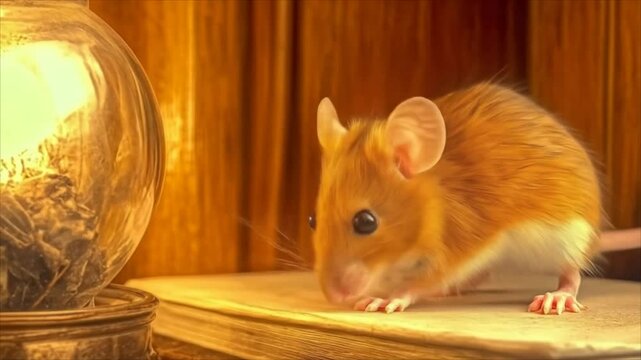Small brown mouse exploring a wooden surface near a glass jar  