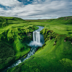 Aerial view of waterfall in Iceland with lush green cliffs