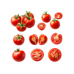 Fresh Red Tomatoes, Whole and Halved, Isolated on Transparent Background