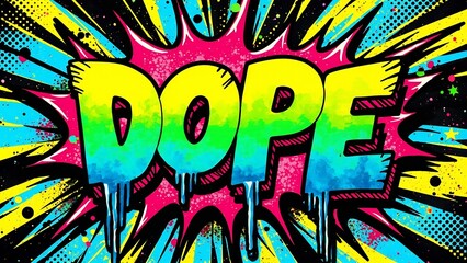 Colorful dope text art with explosion background in a comic book style design art