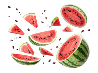 Freshly Cut Watermelon Fruit Slices Floating in Air with Seeds and Transparent Background