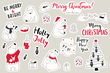 Set of christmas stickers of polar bears. Cartoon collection with cute bears and hand draw lettering Merry Christmas.