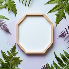 Octagonal wooden frame surrounded by fern leaves.