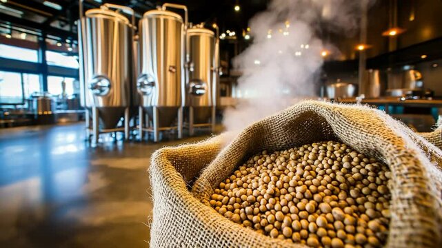 Industrial brewing facility with raw barley in burlap sack.