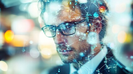 A businessman interacts with technology, depicted via a blurred background and thin-line tech icons.
 