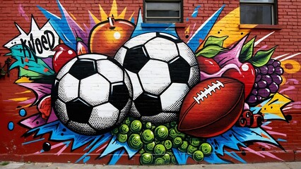 Colorful graffiti art featuring soccer balls, football, and fruits on a brick wall