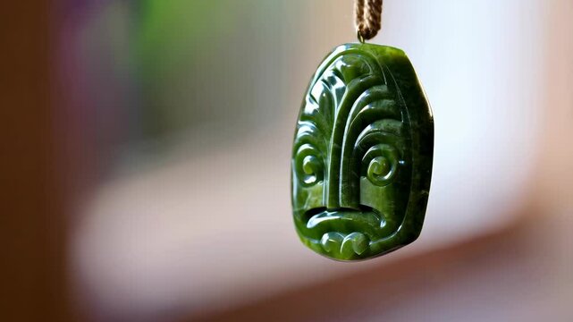 Close-up of intricately carved greenstone Hei-tiki pendant hanging from woven cord against blurred background, showcasing traditional Maori design, culture, and craftsmanship.