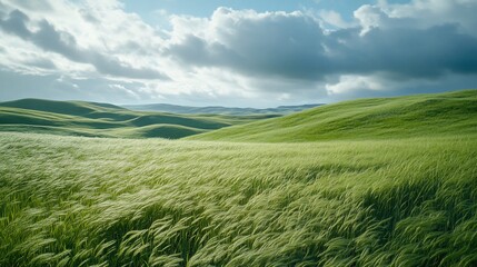 Vibrant green wheat field blowing in the wind under a cloudy sky in Palouse