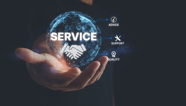 Technical support operator with virtual screen icon working on hand. Help desk assistance, IT support advice call center online technology. Customer service business warranty quality assurance concept