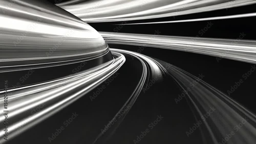 Poster dynamic abstract design featuring sleek black and white lines and curves, evoking sense of motion an