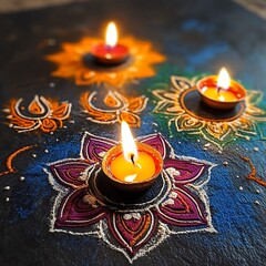 Colorful rangoli patterns with burning candles.