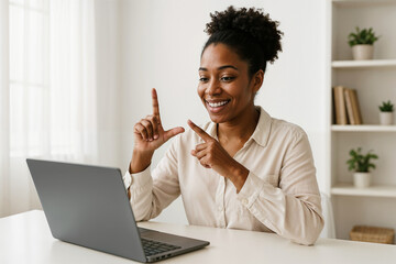 Woman using sign language during video call, online communication and accessibility, inclusive education and remote learning