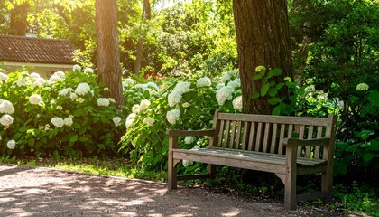 庭の片隅で木漏れ日を浴びながら白く咲き誇るアジサイと、控えめに置かれた木製ベンチが生む、穏やかな時間と空間

