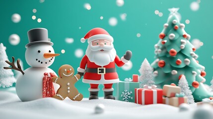 Festive scene with santa claus, snowman, and christmas tree.