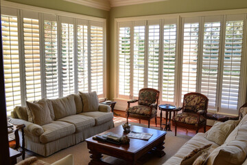 With their wide louvers and custom fit, plantation shutters offer both light control and privacy, framing full-room views with classic elegance and architectural charm