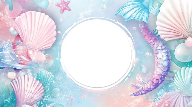 Delicate mermaid tail and seashells in pastel colors.