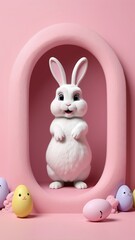 Obraz premium Adorable Easter Bunny in Pink Pastel Setting 3D Render