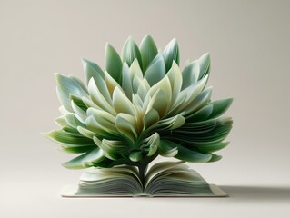 open book with succulent growing from pages. Fantasy story or surreal storytelling. Concept of wealth