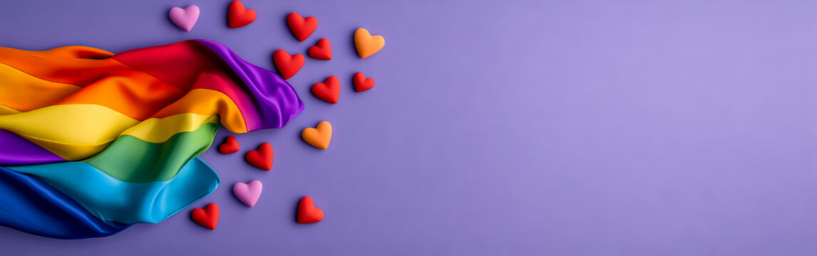 Pride flag and rainbow hearts on purple background - Powered by Adobe