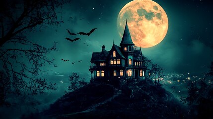 Haunted mansion on a hill under a full moon.