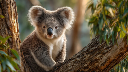 Obraz premium Close encounter with a koala climbing a eucalyptus tree in an Australian forest