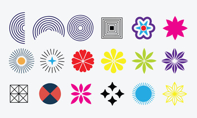 abstract design elements, Set of 18 Brutalist Abstract Geometric Shapes and Grids, Colorful Vector Style on White Background