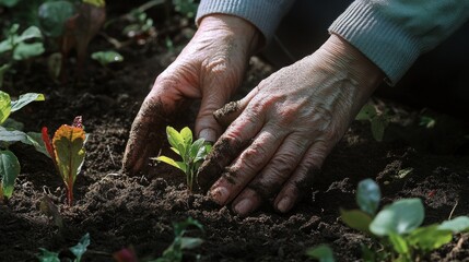 Fototapeta premium Hands planting seedling in garden soil
