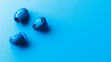 Deep blue wireless earbuds rest against a bright blue backdrop.
 