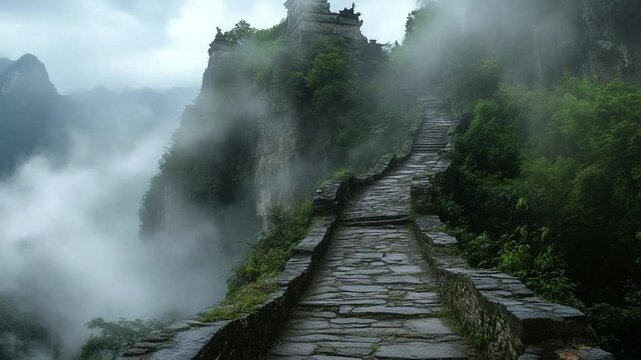 Misty Mountain Path to Ancient Temple