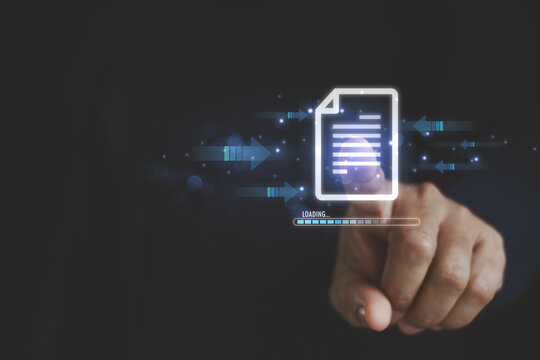 Concept of modern data transfer. People send digital document with ease. Transfer file data system relocation to cloud system technology. Business document storage, upload download with AI automation.