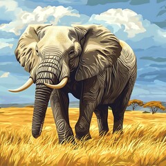Fototapeta premium Majestic elephant in a golden savanna landscape.