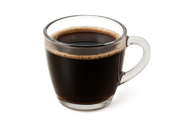 Steaming dark coffee with rich foam filling transparent glass cup on white backdrop