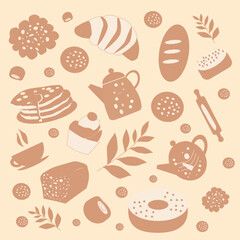 Seamless pattern of cup of tea,puncake,,cookie,cupcake,croissant ,bun, casserole. Repeating  pattern with baked food  minimalistic cartoon flat vector design