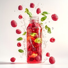 A bottle of raspberry drink with splashes of water and fresh mint leaves.