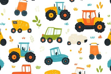 bright cartoon tractors, seamless pattern, vector design for baby products