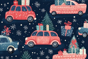Christmas cars carrying presents and trees, joyful vector pattern