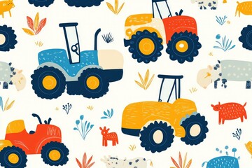 colorful farm tractors with animals, playful pattern for nursery fabrics
