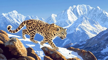 Snow leopard on a snowy mountain peak.