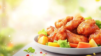 Crispy, glazed chicken pieces served with colorful vegetables.