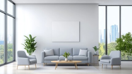 Modern Bright Living Room with Minimalist Furniture and Large Windows