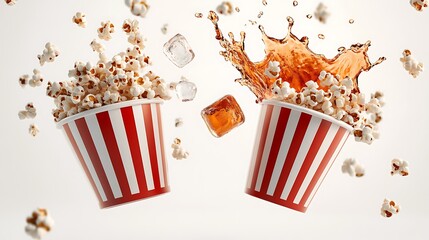 Popcorn and soda in striped containers.