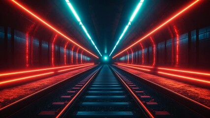 Neon-lit tunnel railway perspective. - Powered by Adobe