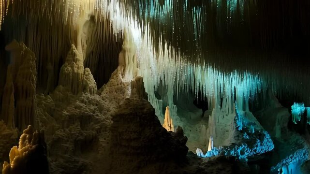 Illuminated cavern interior featuring hanging stalactites and geological rock formations, textured and lit with bright artificial light