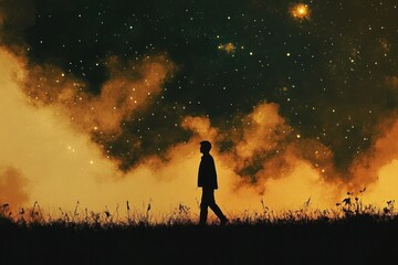 Fototapeta premium Silhouette of a person walking under a starry night sky